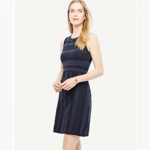 Ann Taylor Dress Navy Sleeveless Textured Knit Stretch size Medium - Picture 1 of 12